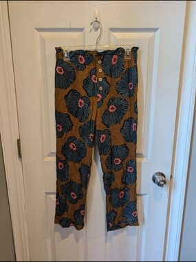 Straight-Leg Floral Print Pants in Brown with Blue & Pink Accents